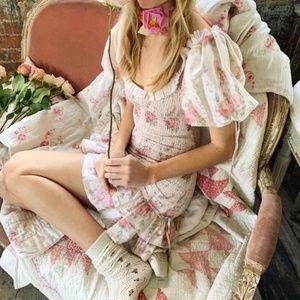 LOVESHACKFANCY Violet SILK smocked Mini Dress Pink Floral XS